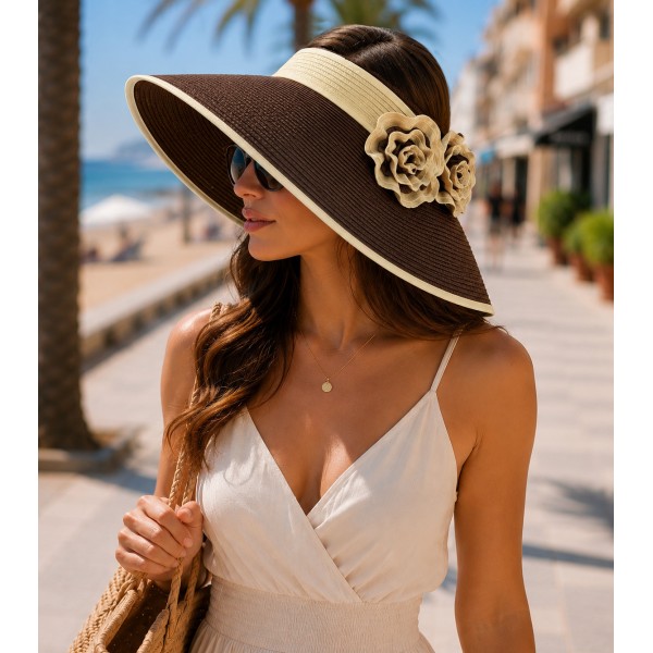 Straw Visor Hats - Foldable Accent With Matching Flowers - Brown - HT-5250BN